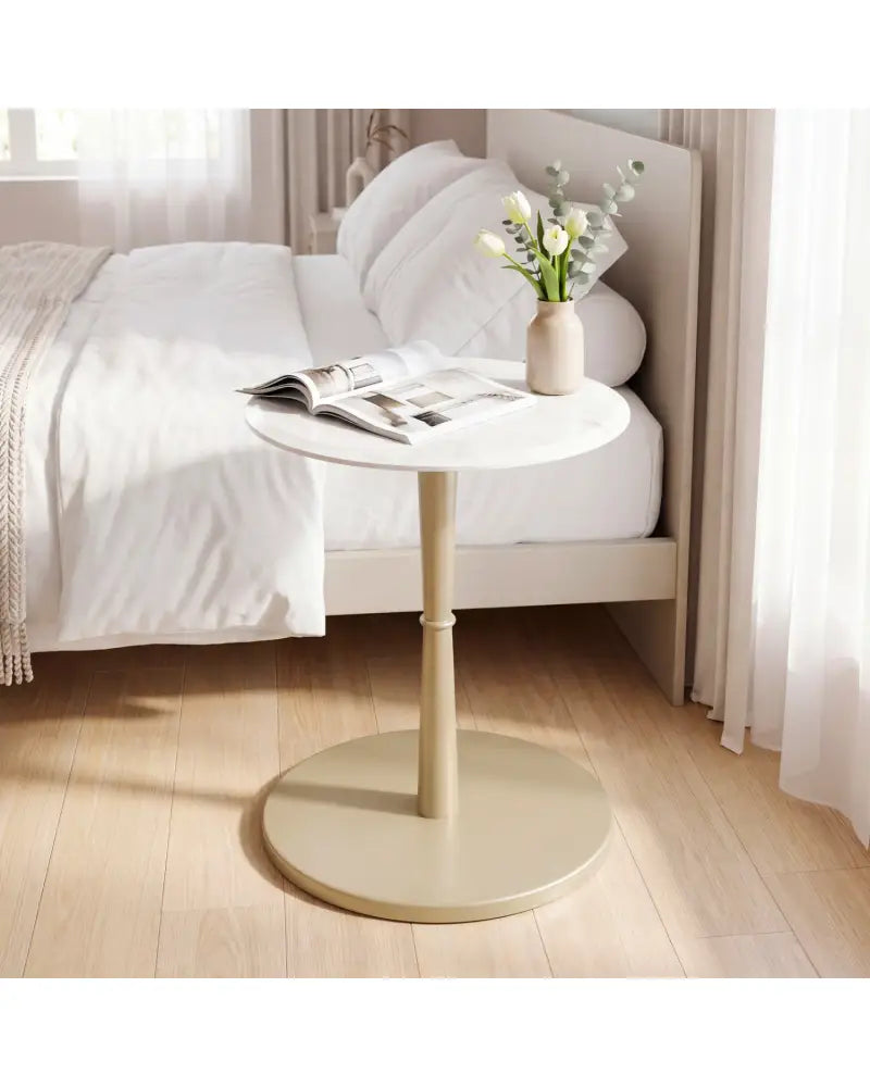 Round Marble Side Table with Stone Finish and Wooden Base for Small Spaces-White and Gold - White & Golden - End & Side