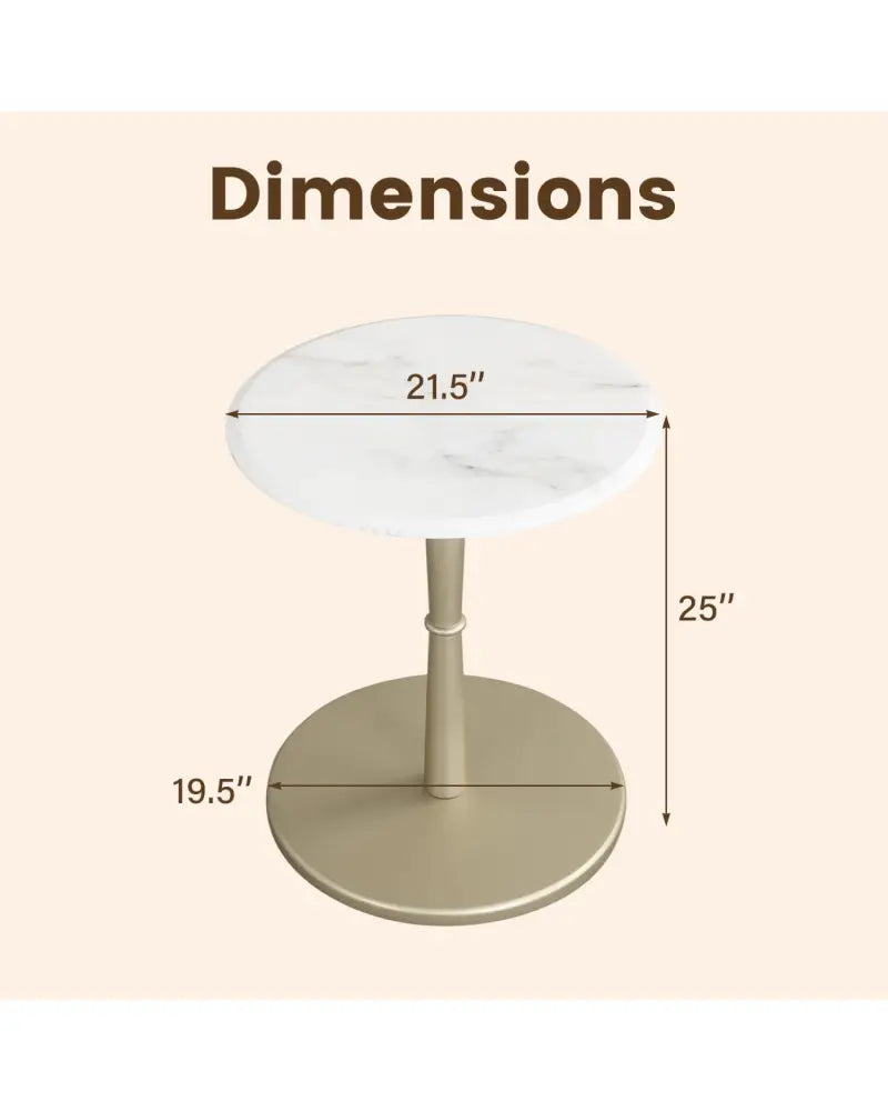 Round Marble Side Table with Stone Finish and Wooden Base for Small Spaces-White and Gold - White & Golden - End & Side