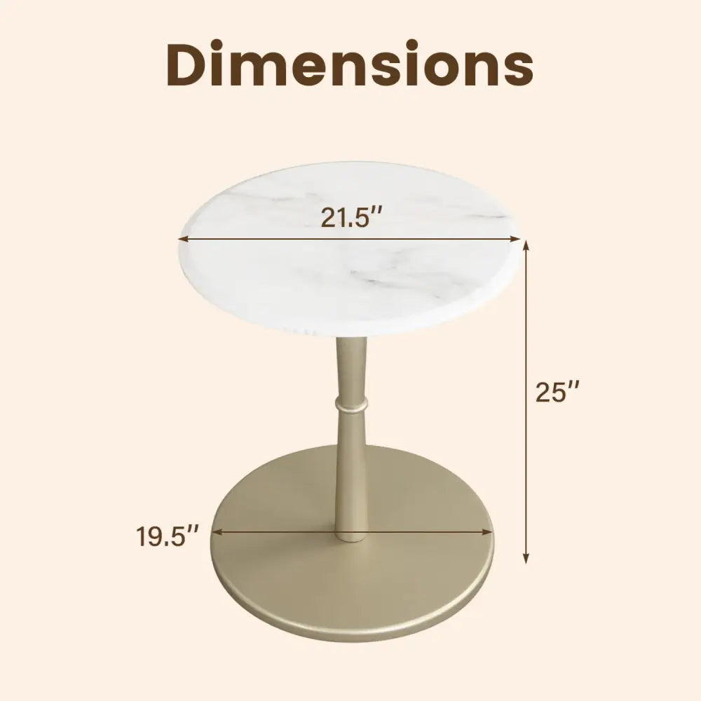 Round Marble Side Table with Stone Finish and Wooden Base for Small Spaces-White and Gold - White & Golden - End & Side