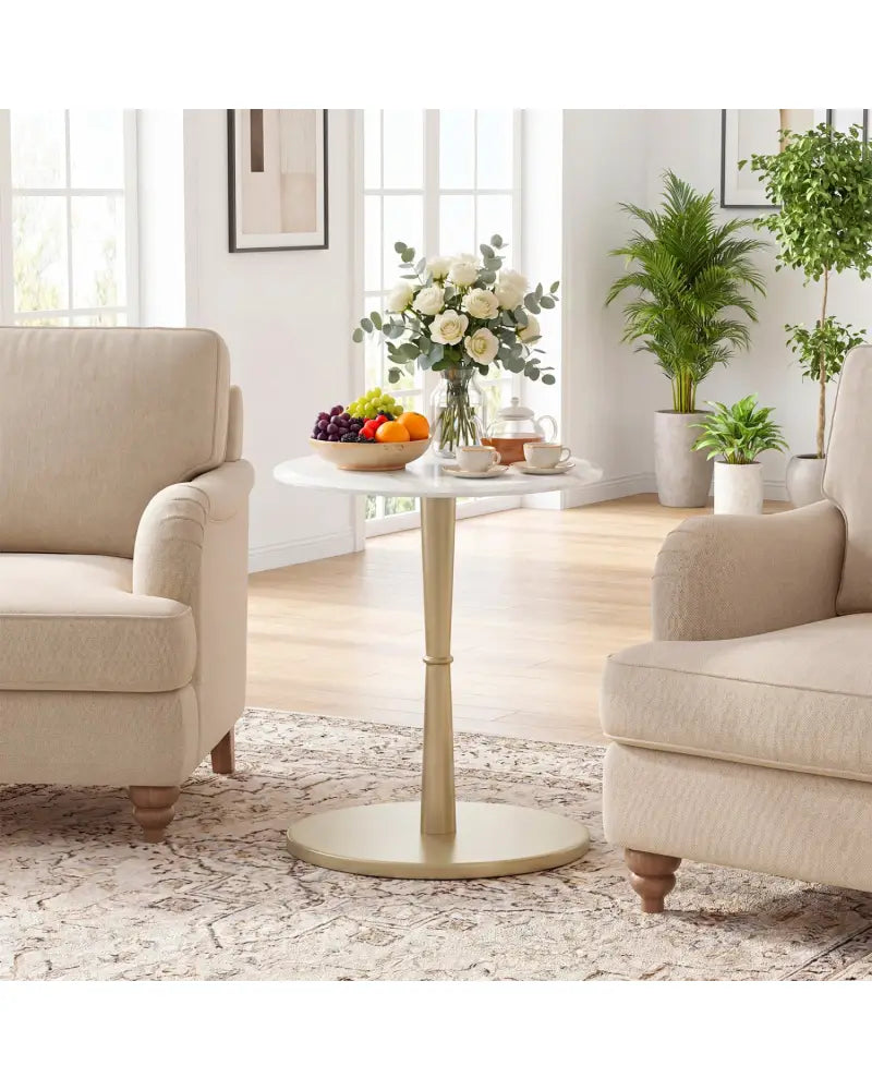 Round Marble Side Table with Stone Finish and Wooden Base for Small Spaces-White and Gold - White & Golden - End & Side