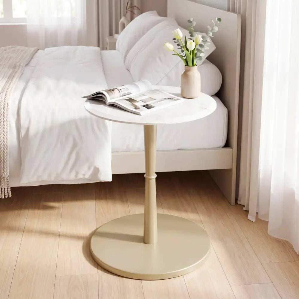 Round Marble Side Table with Stone Finish and Wooden Base for Small Spaces-White and Gold - White & Golden - End & Side