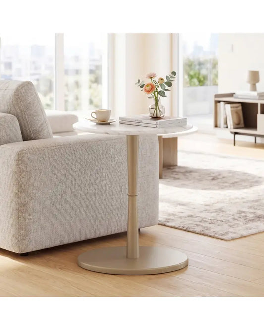 Round Marble Side Table with Stone Finish and Wooden Base for Small Spaces-White and Gold - White & Golden - End & Side