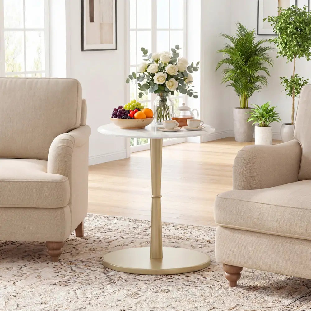 Round Marble Side Table with Stone Finish and Wooden Base for Small Spaces-White and Gold - White & Golden - End & Side
