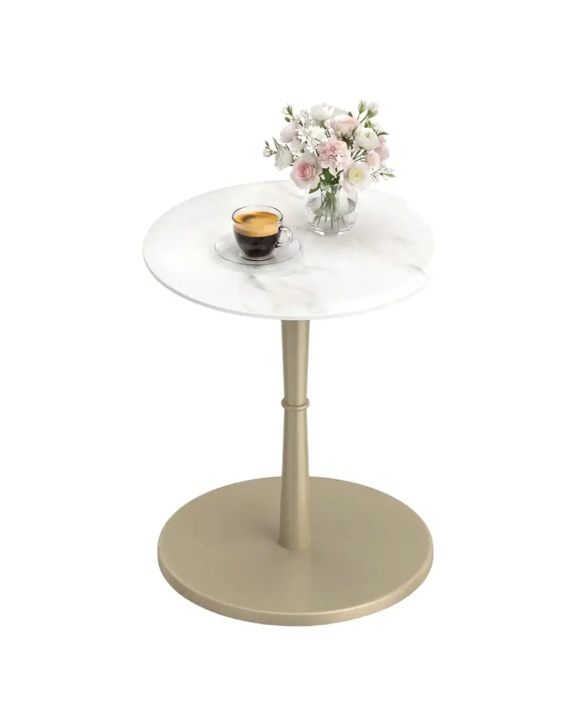 Round Marble Side Table with Stone Finish and Wooden Base for Small Spaces-White and Gold - White & Golden - End & Side