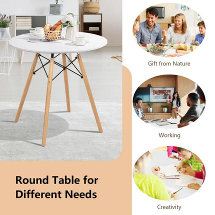 Round Modern Dining Table with Solid Wooden Leg-White - White - Dining Tables