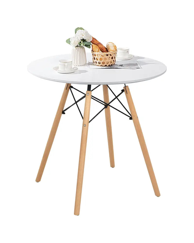 Round Modern Dining Table with Solid Wooden Leg-White - White - Dining Tables