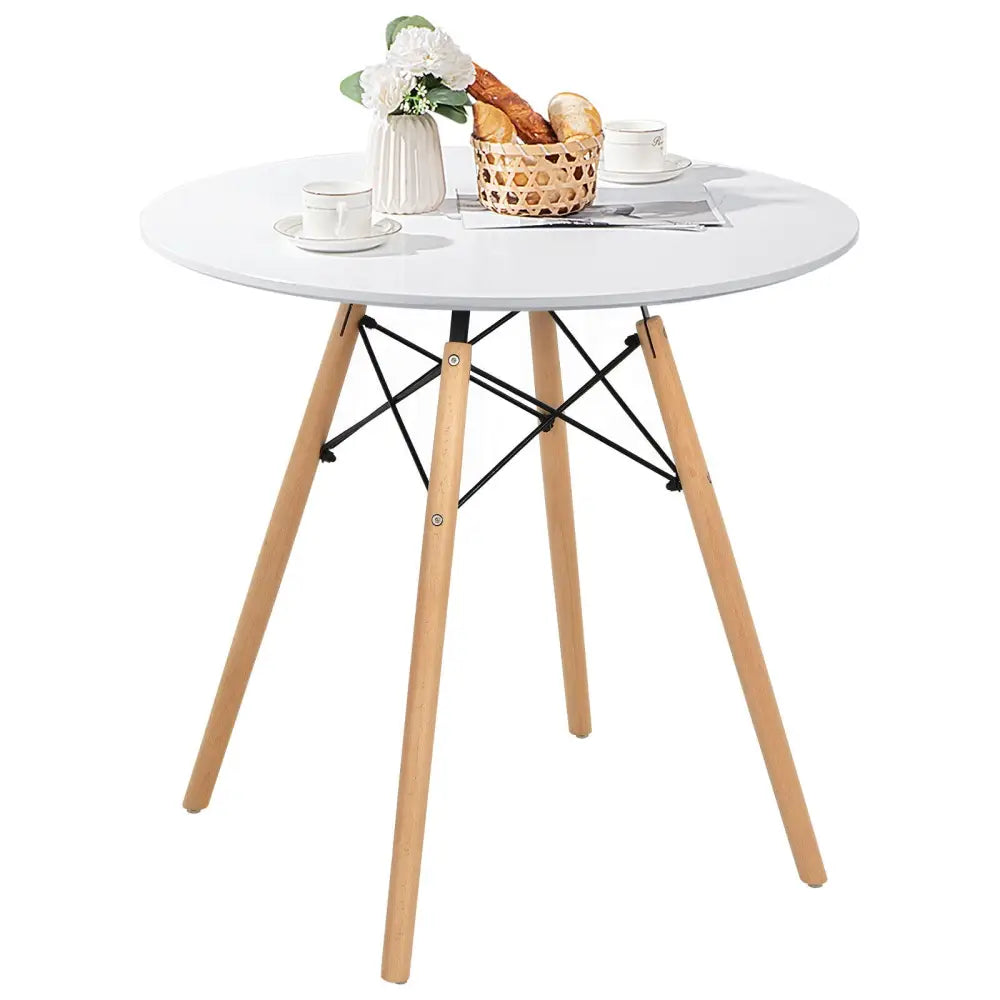 Round Modern Dining Table with Solid Wooden Leg-White - White - Dining Tables