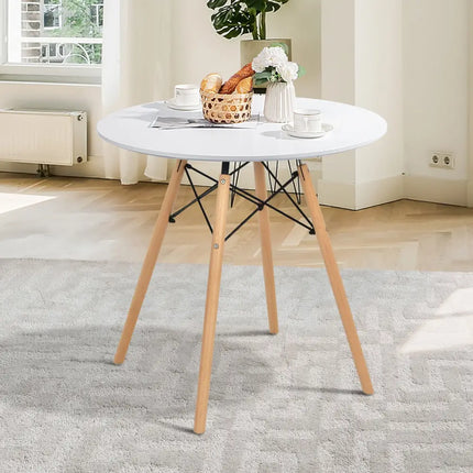 Round Modern Dining Table with Solid Wooden Leg-White - White - Dining Tables