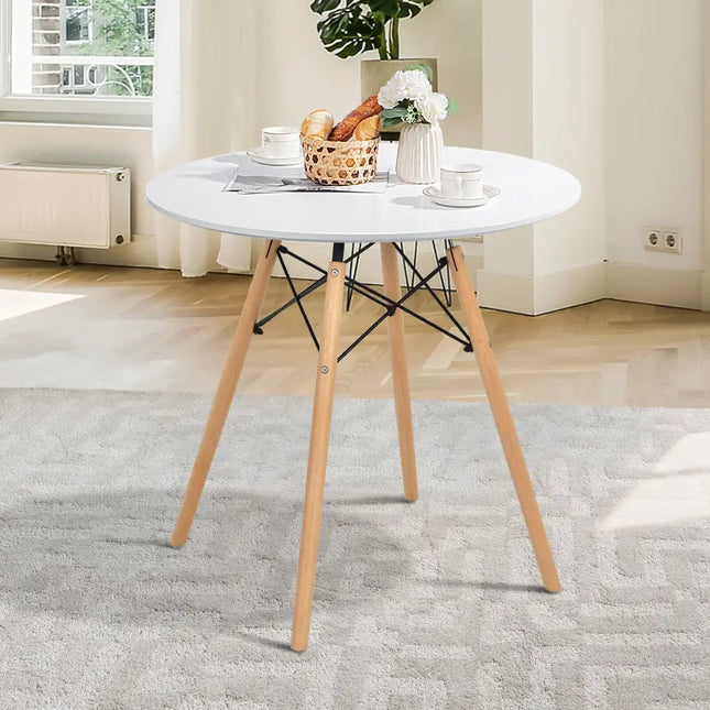 Round Modern Dining Table with Solid Wooden Leg-White - White - Dining Tables