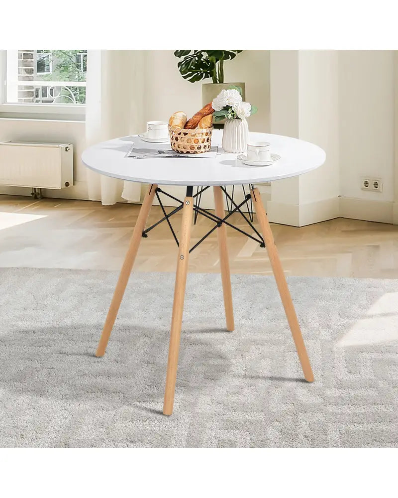Round Modern Dining Table with Solid Wooden Leg-White - White - Dining Tables