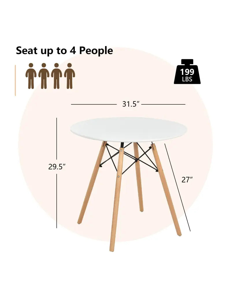 Round Modern Dining Table with Solid Wooden Leg-White - White - Dining Tables