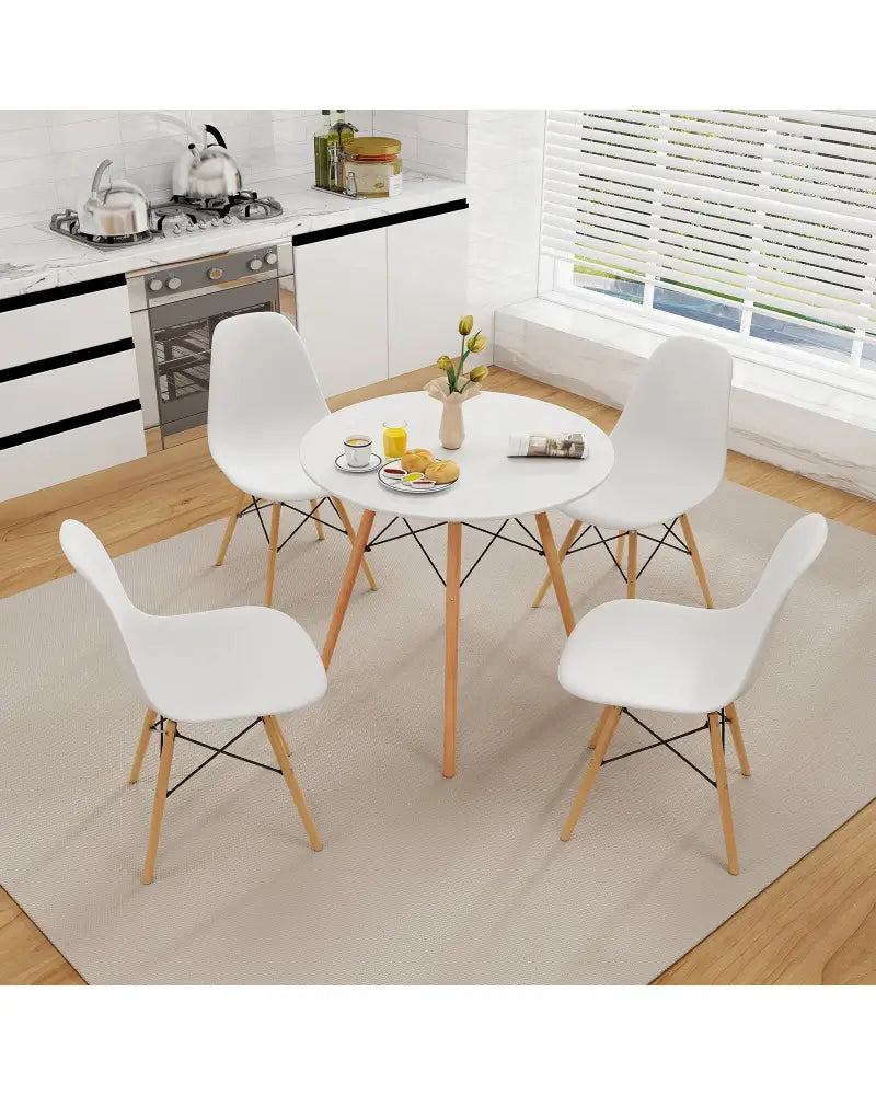 Round Modern Dining Table with Solid Wooden Leg-White - White - Dining Tables