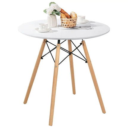 Round Modern Dining Table with Solid Wooden Leg-White - White - Dining Tables