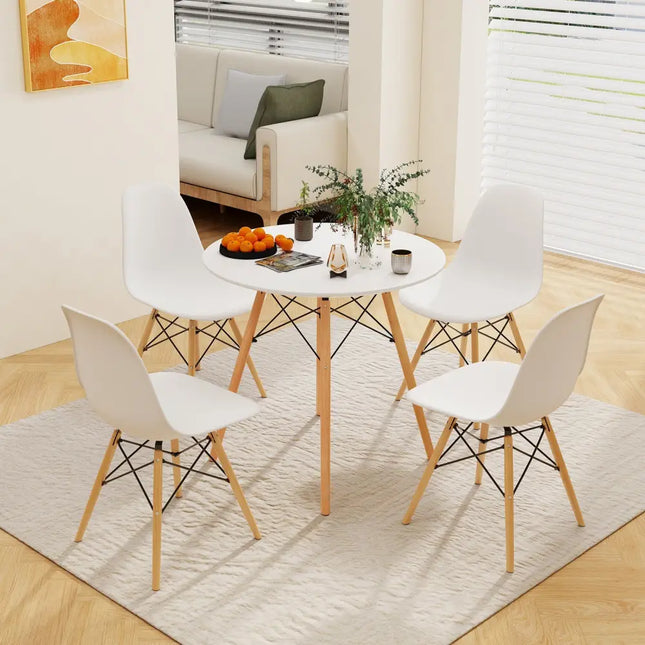 Round Modern Dining Table with Solid Wooden Leg-White - White - Dining Tables