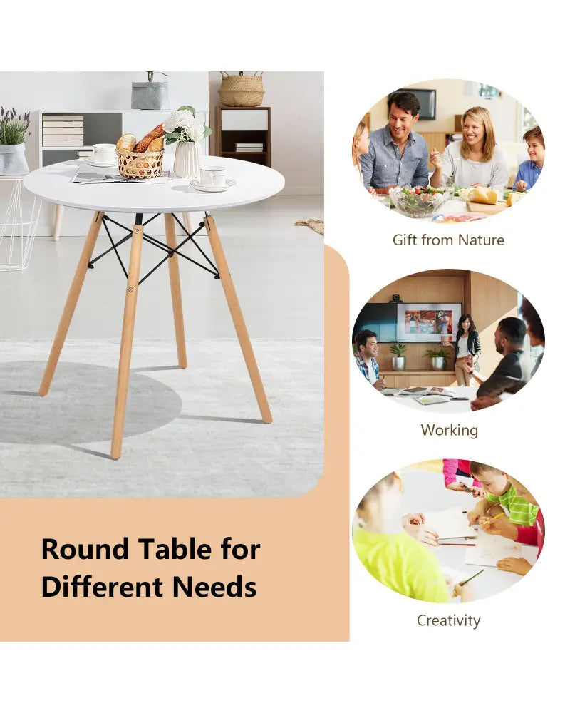 Round Modern Dining Table with Solid Wooden Leg-White - White - Dining Tables