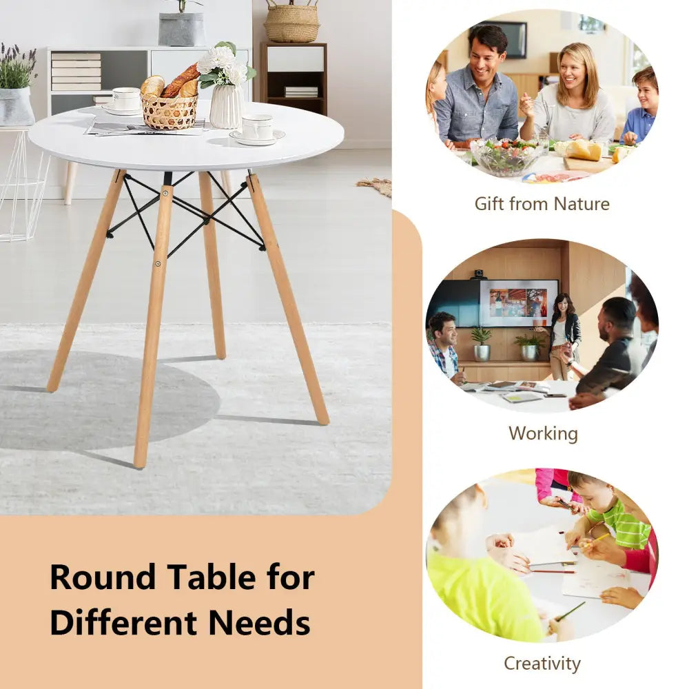 Round Modern Dining Table with Solid Wooden Leg-White - White - Dining Tables