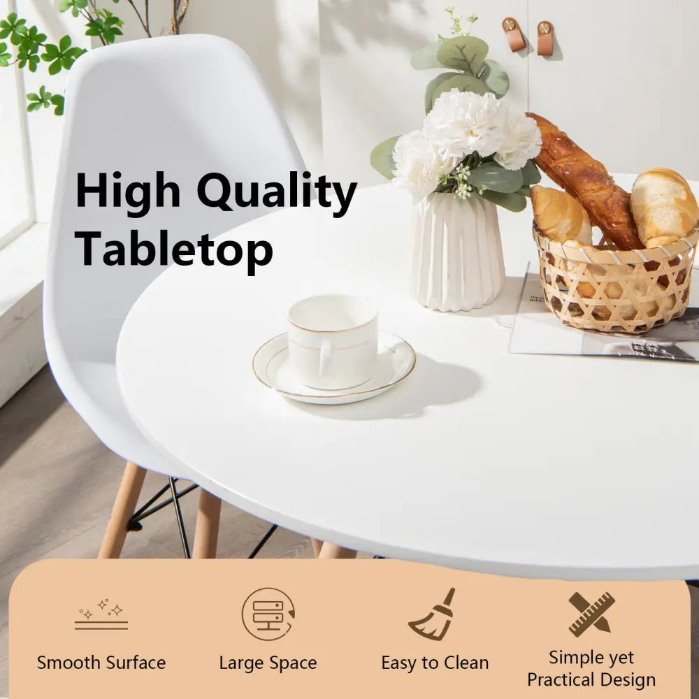 Round Modern Dining Table with Solid Wooden Leg-White - White - Dining Tables