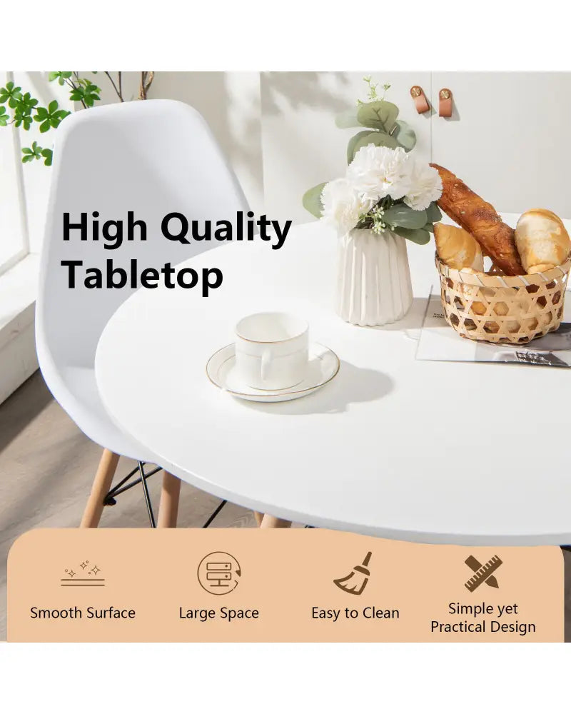 Round Modern Dining Table with Solid Wooden Leg-White - White - Dining Tables