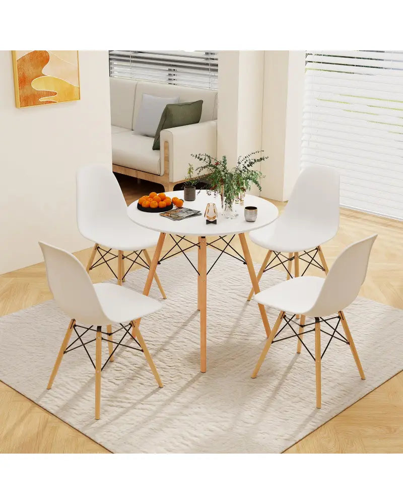 Round Modern Dining Table with Solid Wooden Leg-White - White - Dining Tables