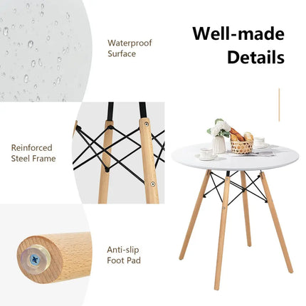 Round Modern Dining Table with Solid Wooden Leg-White - White - Dining Tables