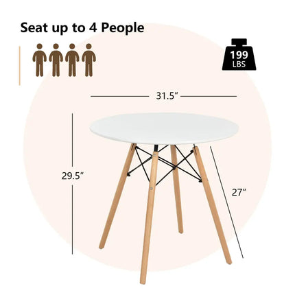 Round Modern Dining Table with Solid Wooden Leg-White - White - Dining Tables