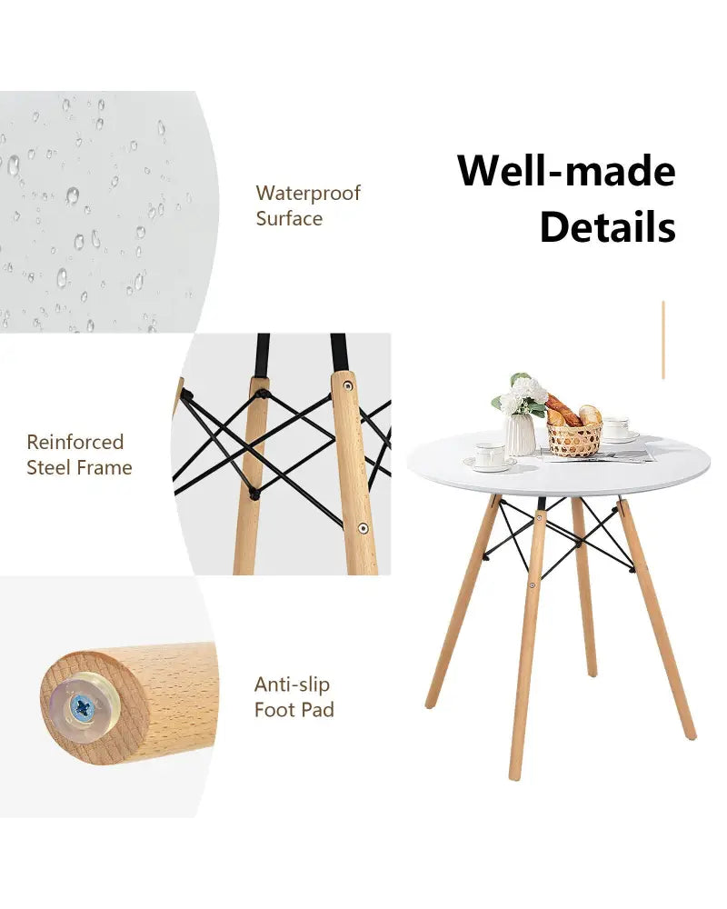 Round Modern Dining Table with Solid Wooden Leg-White - White - Dining Tables