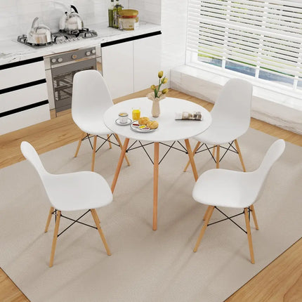 Round Modern Dining Table with Solid Wooden Leg-White - White - Dining Tables
