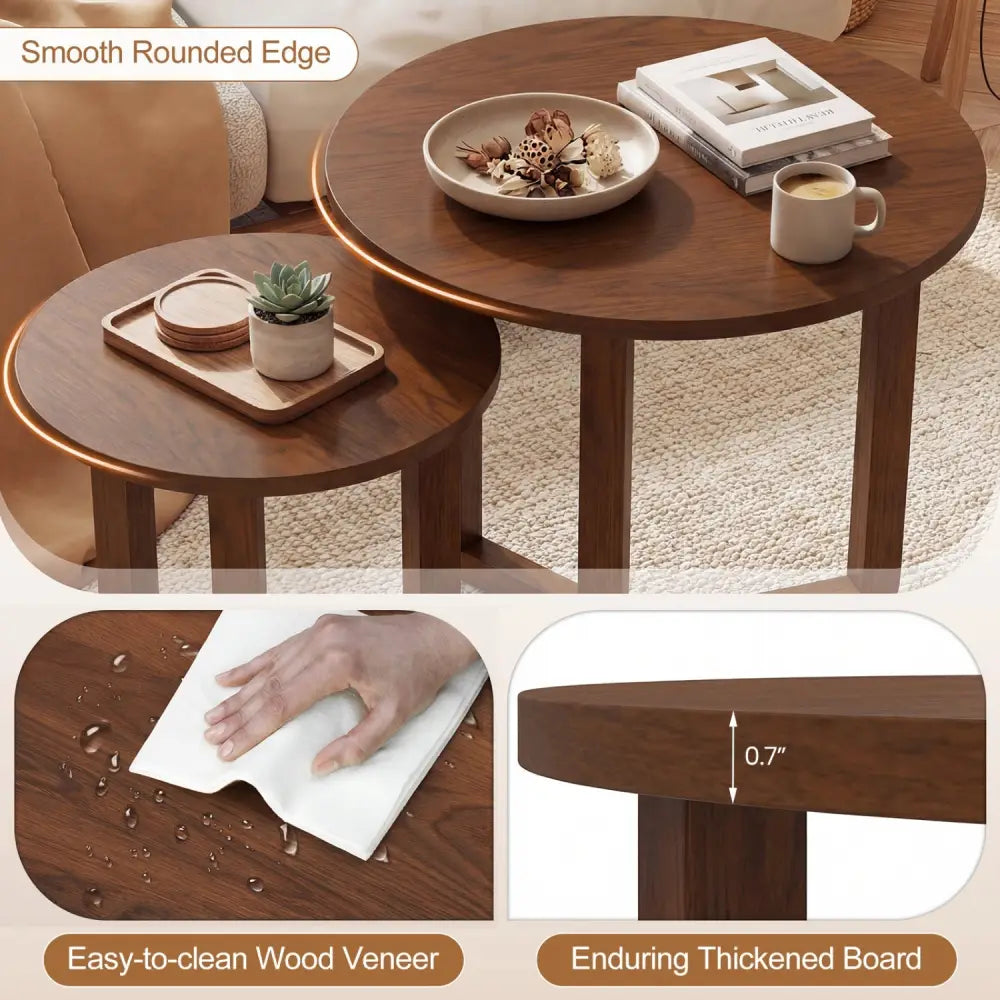 Round Nesting Coffee Table Set of 2 Wood Nesting End Tables with Thickened Top-Walnut - Walnut - Coffee Tables