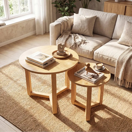 Round Nesting Coffee Table Set of 2 Wood Nesting End Tables with Thickened Top-Natural - Natural - Coffee Tables