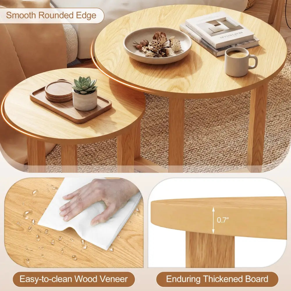 Round Nesting Coffee Table Set of 2 Wood Nesting End Tables with Thickened Top-Natural - Natural - Coffee Tables