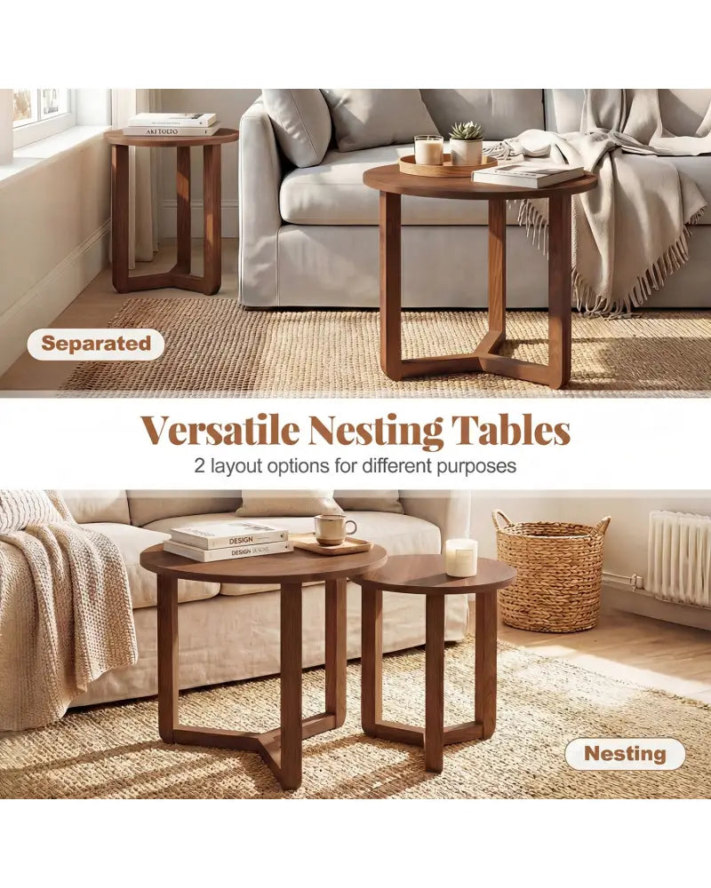 Round Nesting Coffee Table Set of 2 Wood Nesting End Tables with Thickened Top-Walnut - Walnut - Coffee Tables