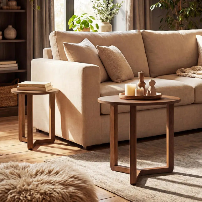 Round Nesting Coffee Table Set of 2 Wood Nesting End Tables with Thickened Top-Walnut - Walnut - Coffee Tables