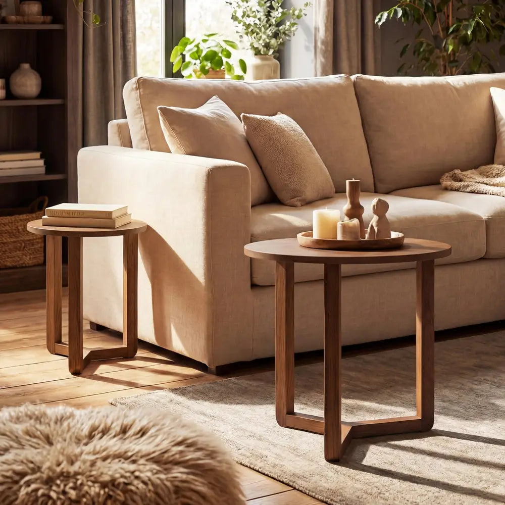 Round Nesting Coffee Table Set of 2 Wood Nesting End Tables with Thickened Top-Walnut - Walnut - Coffee Tables