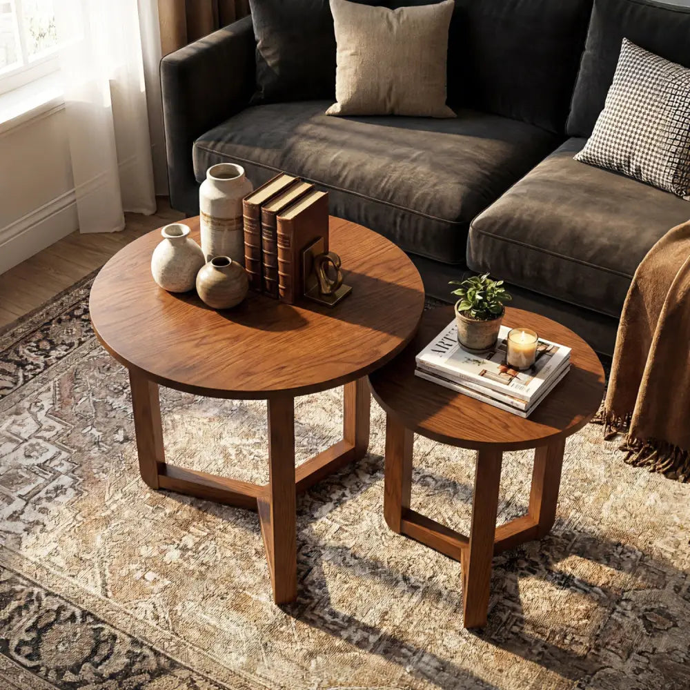 Round Nesting Coffee Table Set of 2 Wood Nesting End Tables with Thickened Top-Walnut - Walnut - Coffee Tables