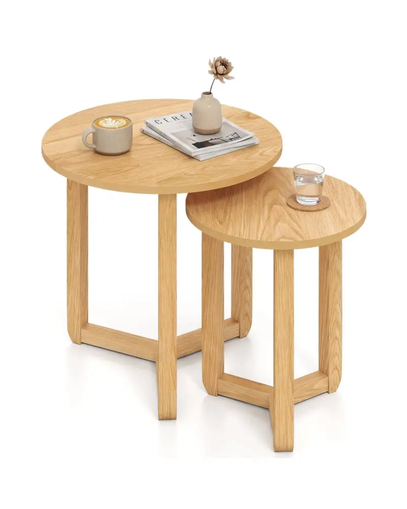 Round Nesting Coffee Table Set of 2 Wood Nesting End Tables with Thickened Top-Natural - Natural - Coffee Tables
