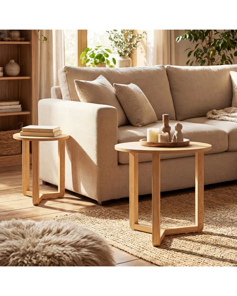 Round Nesting Coffee Table Set of 2 Wood Nesting End Tables with Thickened Top-Natural - Natural - Coffee Tables