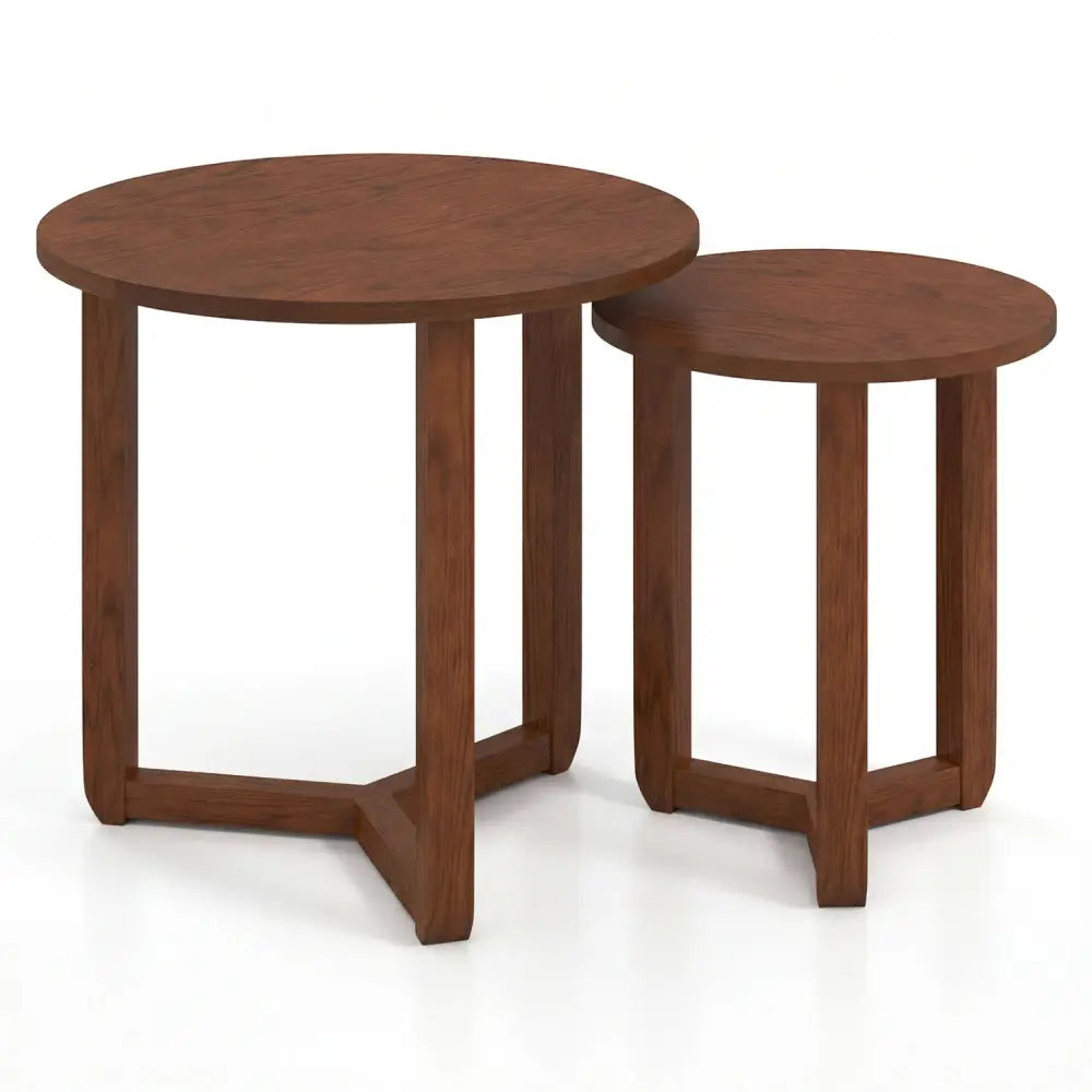 Round Nesting Coffee Table Set of 2 Wood Nesting End Tables with Thickened Top-Walnut - Walnut - Coffee Tables