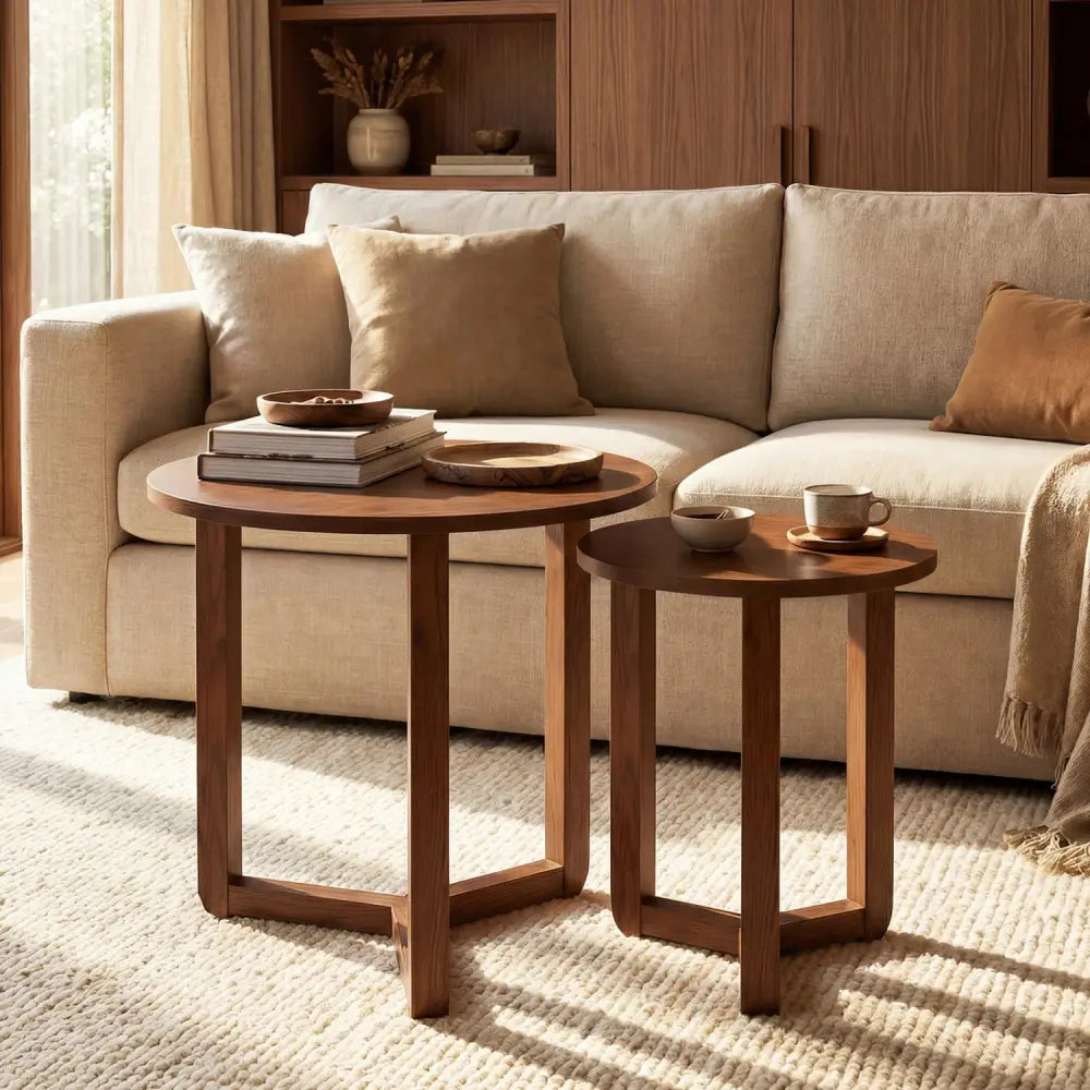 Round Nesting Coffee Table Set of 2 Wood Nesting End Tables with Thickened Top-Walnut - Walnut - Coffee Tables