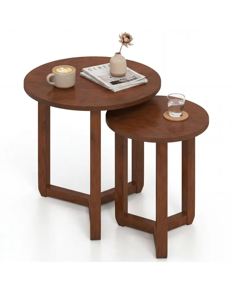 Round Nesting Coffee Table Set of 2 Wood Nesting End Tables with Thickened Top-Walnut - Walnut - Coffee Tables