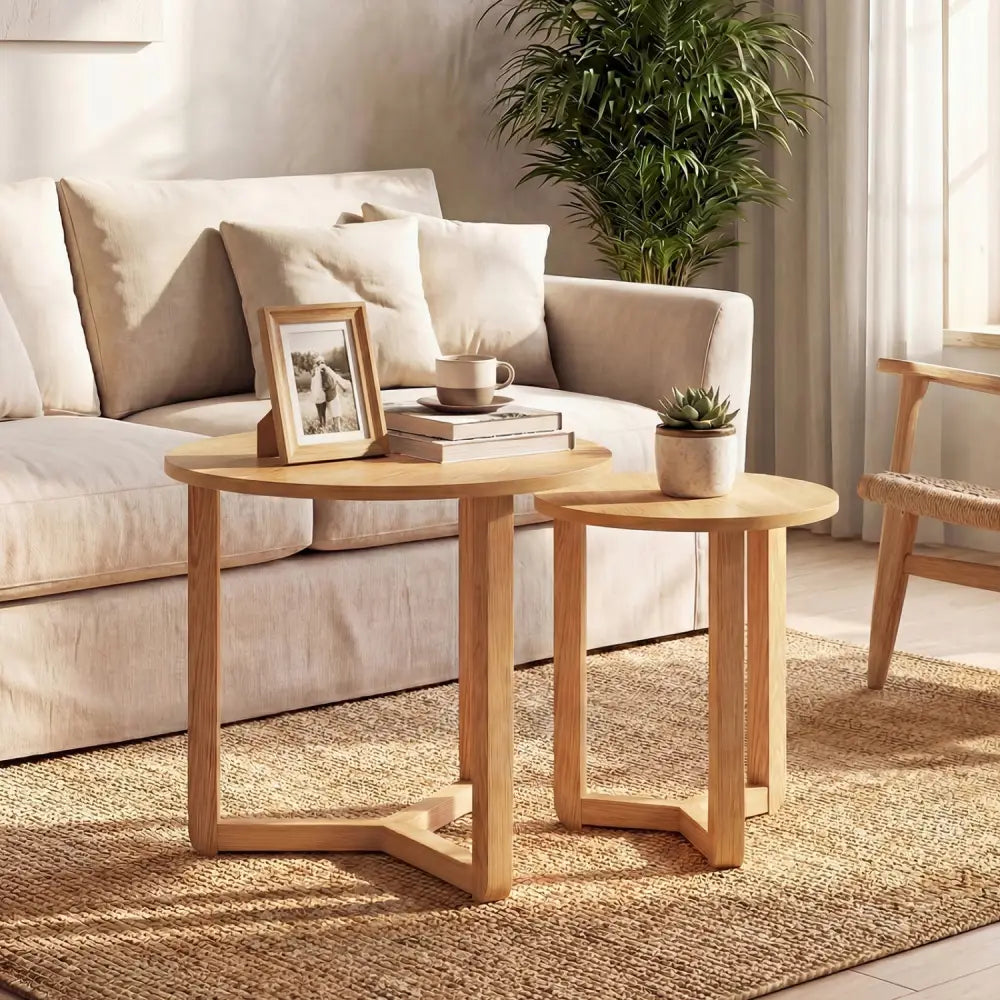 Round Nesting Coffee Table Set of 2 Wood Nesting End Tables with Thickened Top-Natural - Natural - Coffee Tables