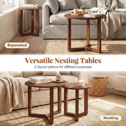 Round Nesting Coffee Table Set of 2 Wood Nesting End Tables with Thickened Top-Walnut - Walnut - Coffee Tables