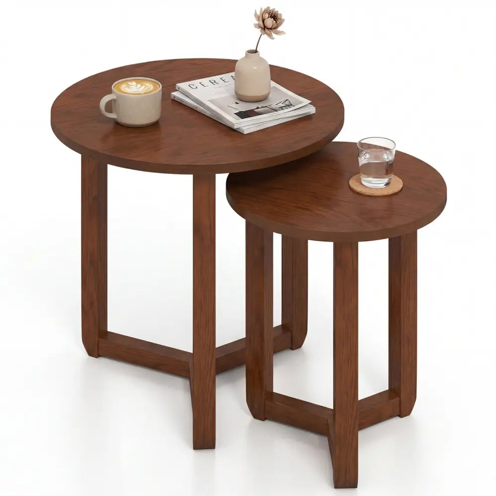 Round Nesting Coffee Table Set of 2 Wood Nesting End Tables with Thickened Top-Walnut - Walnut - Coffee Tables