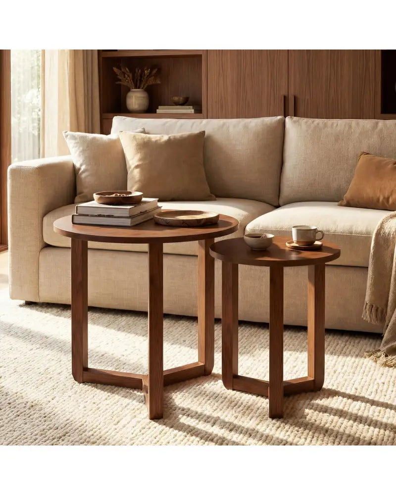 Round Nesting Coffee Table Set of 2 Wood Nesting End Tables with Thickened Top-Walnut - Walnut - Coffee Tables