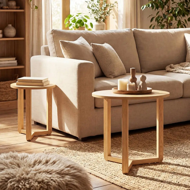 Round Nesting Coffee Table Set of 2 Wood Nesting End Tables with Thickened Top-Natural - Natural - Coffee Tables