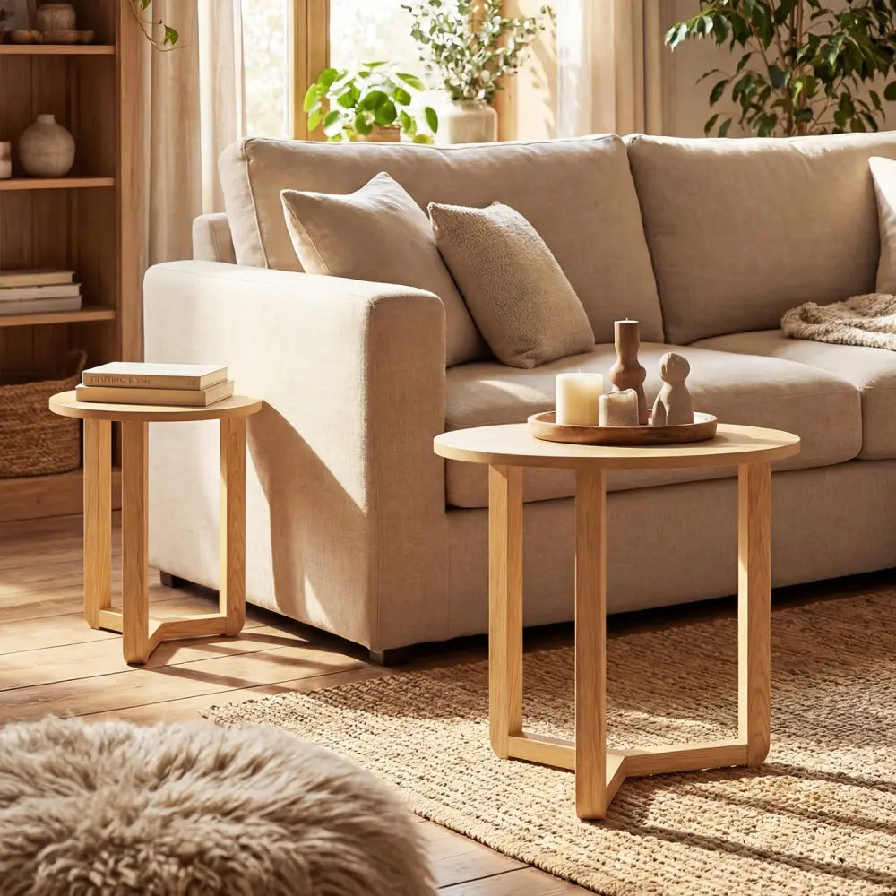 Round Nesting Coffee Table Set of 2 Wood Nesting End Tables with Thickened Top-Natural - Natural - Coffee Tables