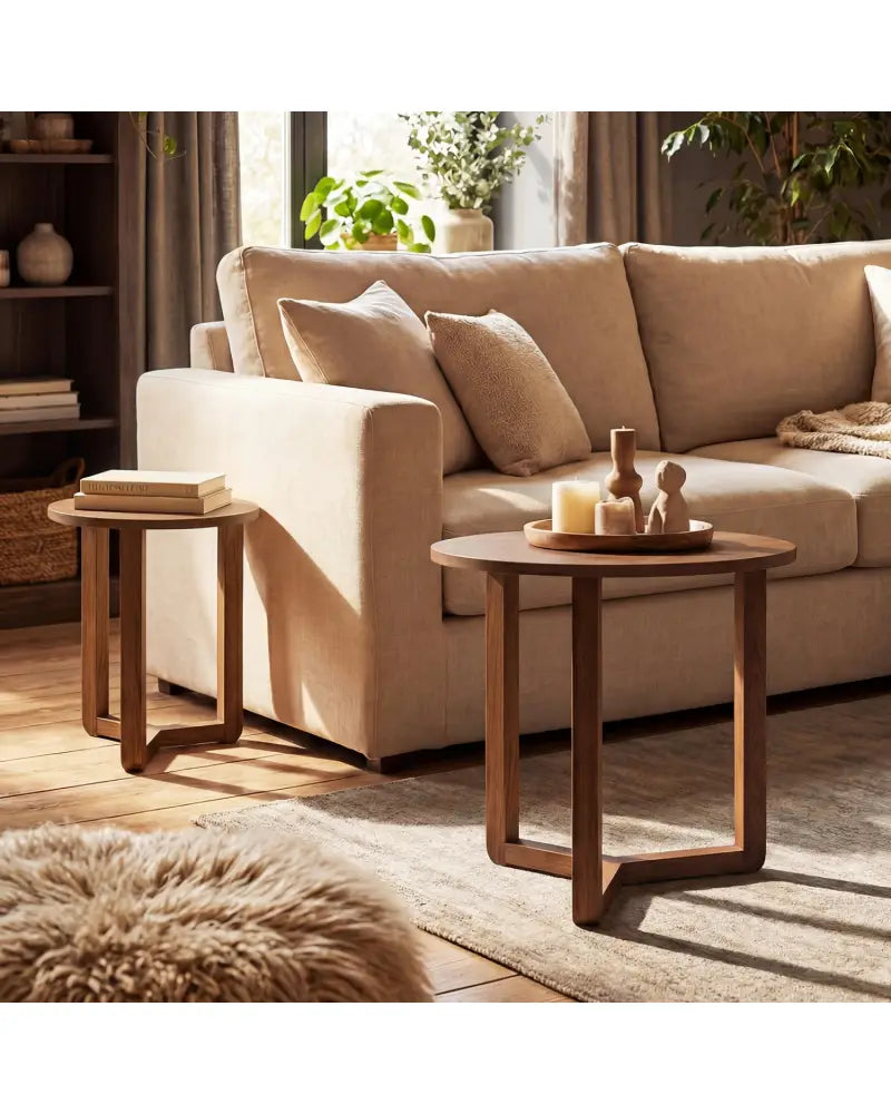 Round Nesting Coffee Table Set of 2 Wood Nesting End Tables with Thickened Top-Walnut - Walnut - Coffee Tables