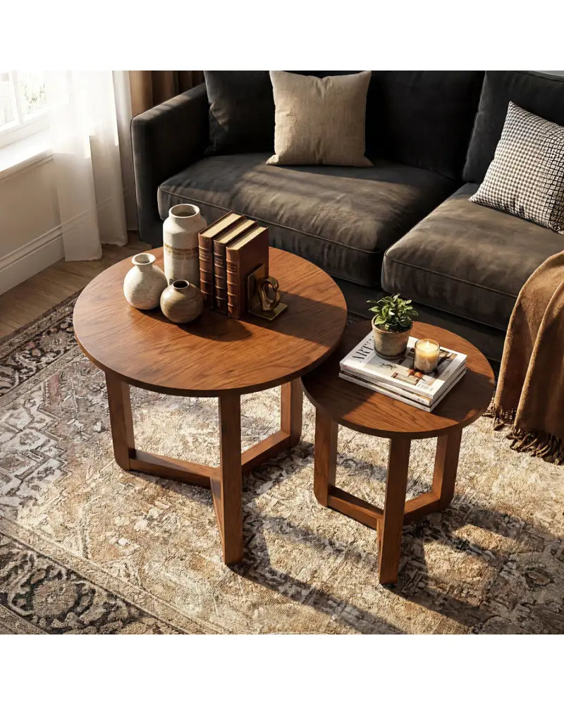 Round Nesting Coffee Table Set of 2 Wood Nesting End Tables with Thickened Top-Walnut - Walnut - Coffee Tables