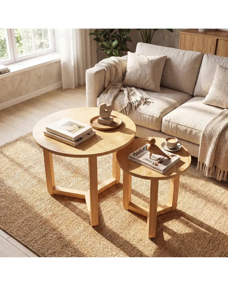 Round Nesting Coffee Table Set of 2 Wood Nesting End Tables with Thickened Top-Natural - Natural - Coffee Tables