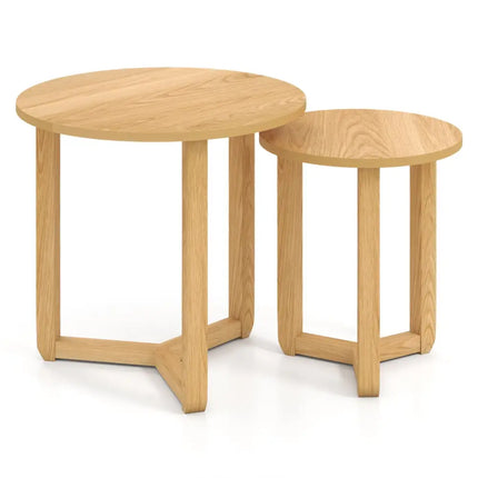 Round Nesting Coffee Table Set of 2 Wood Nesting End Tables with Thickened Top-Natural - Natural - Coffee Tables