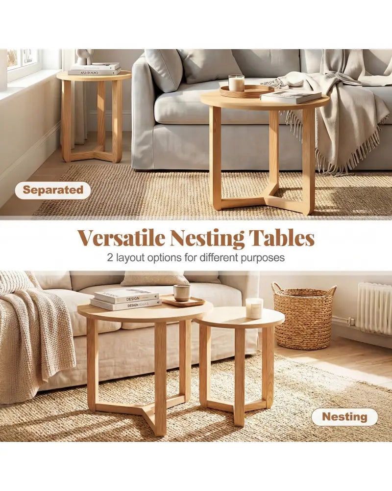 Round Nesting Coffee Table Set of 2 Wood Nesting End Tables with Thickened Top-Natural - Natural - Coffee Tables